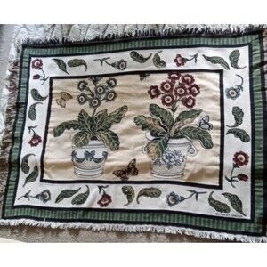 56x42 Susan Welsh Sofa Throw 100% Cotton Planted Flowers And Butterflies USA